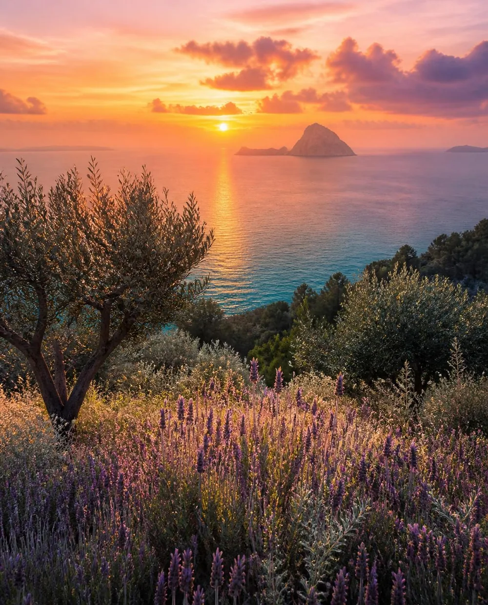 Atardecer sobre el mar en Ibiza, con olivos y lavanda