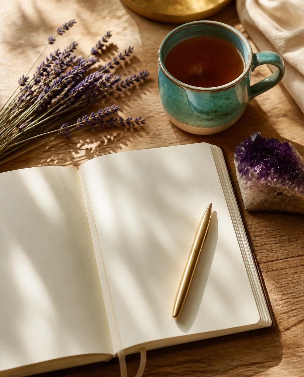 Cuaderno abierto con una taza turquesa, lavanda y una amatista