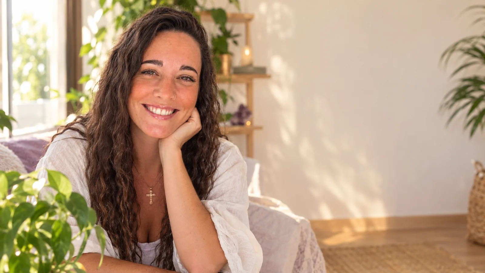 Judith Medina sonriendo en su salón, con plantas y luz cálida