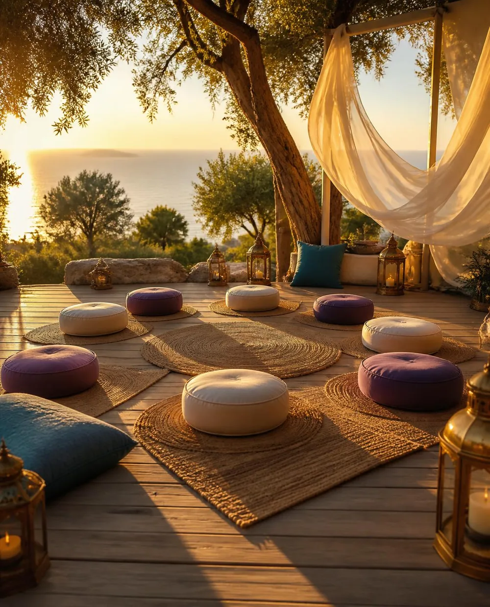 Terraza al atardecer con cojines de meditación en círculo frente al mar