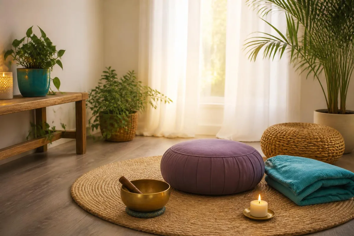 Rincón de meditación con cojín violeta, vela y plantas