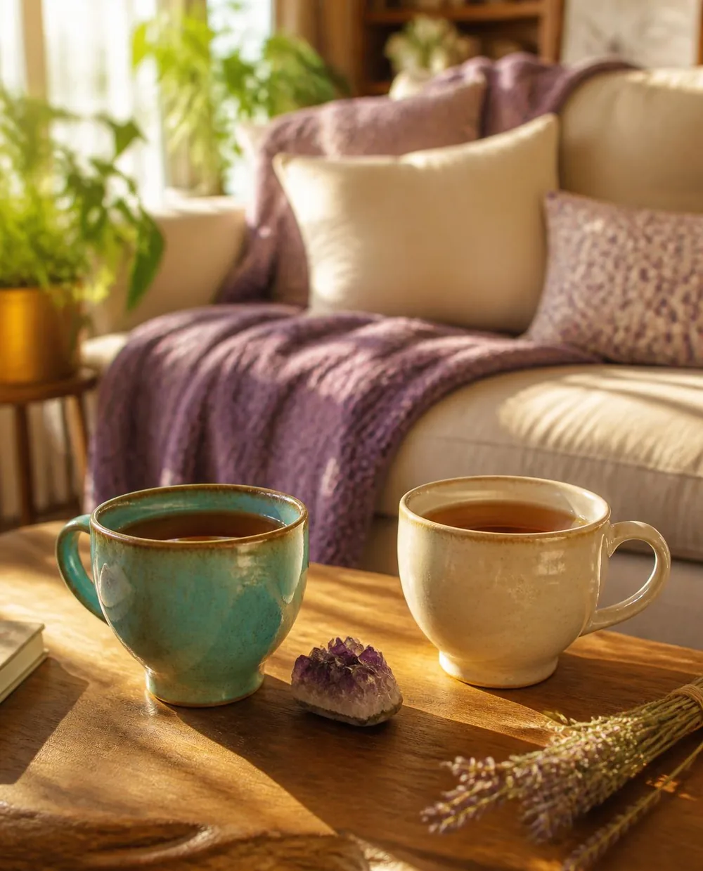 Dos tazas de té sobre una mesa en un salón cálido