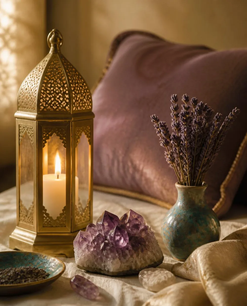 Farol con vela, amatista y lavanda en tonos cálidos